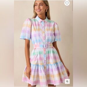Pastel Multi-Stripe Short-Sleeve Mini Dress with Belt